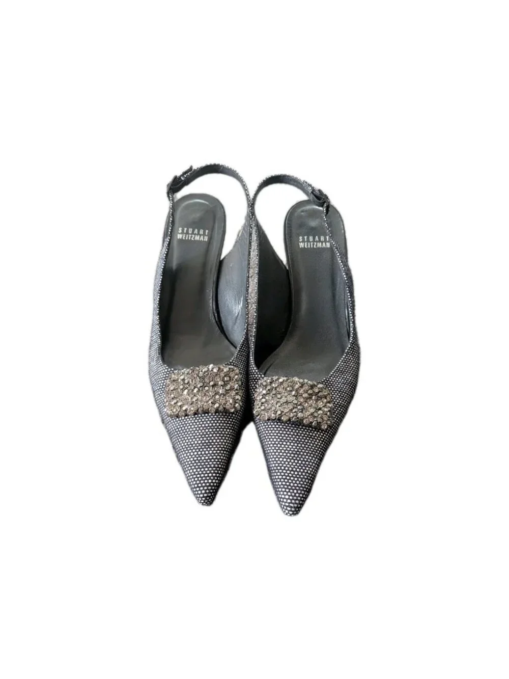 Stuart Weitzman Woven Slingback Heels Womens 7 Crystal Buckle Navy Quiet Luxury